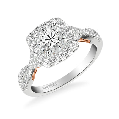 31-V1013ERWR-E.01 - ARTCARVED - Lyric Engagement Ring with Cushion Diamond Halo and Carved Gallery details with Twist Diamond Shank