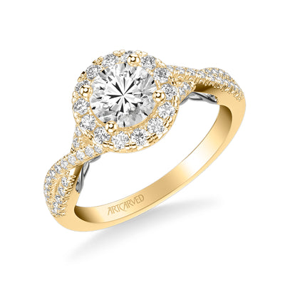 31-V1014ERYW-E.01 - ARTCARVED - Lyric Engagement Ring with Round Diamond Halo and Carved Gallery details with Twist Diamond Shank