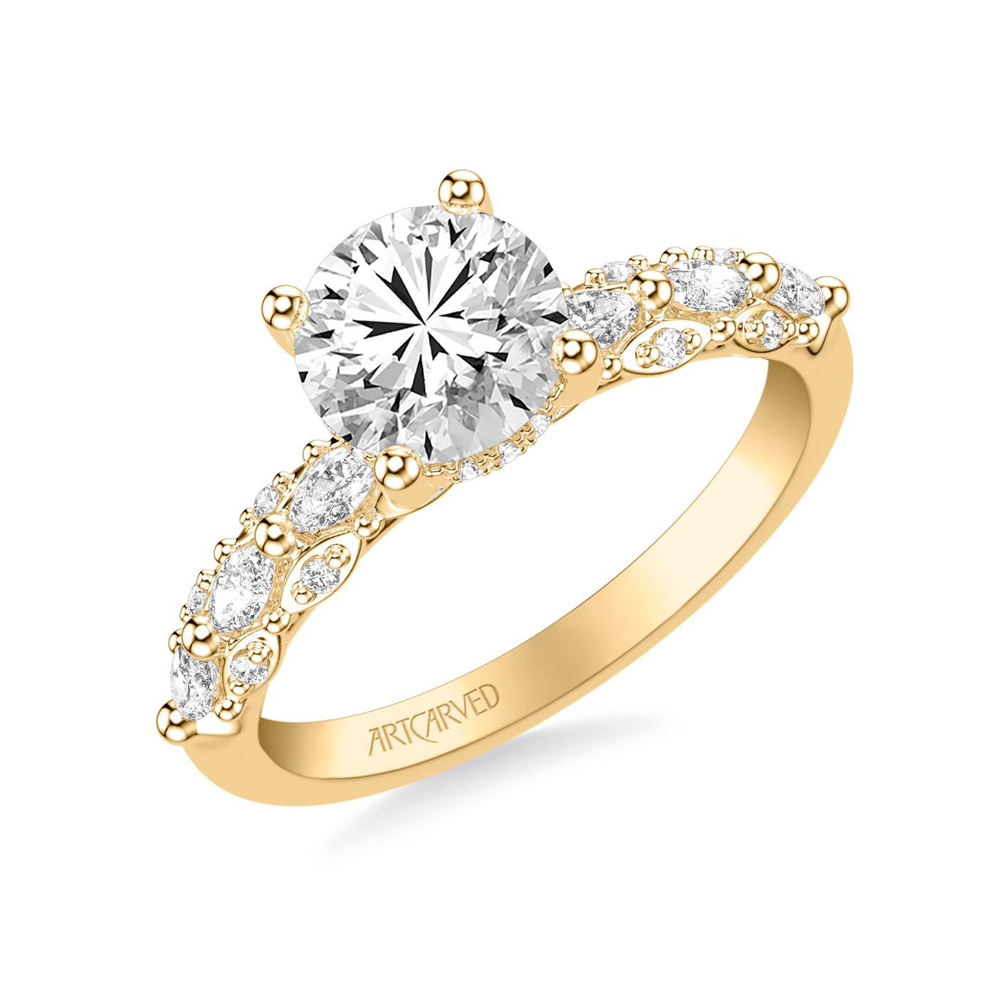 31-V1078IRY-E.00 - ARTCARVED -  Classic Engagement Ring with Triple Row Prong Set Round and Marquise Diamond Shank