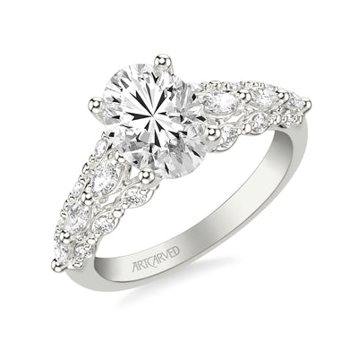 31-V1079GRW-E.01 - ARTCARVED -  Classic Engagement Ring with Cathedral Shank and Graduated Triple Row Prong Set Round and Marquise Diamond Shank