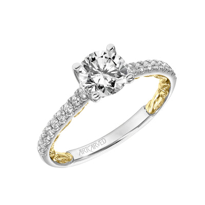 31-V912ERWY-E.01 - ARTCARVED - Lyric Engagement Ring with Diamond Accent basket and Inner Carved details and Graduated Diamond Shank