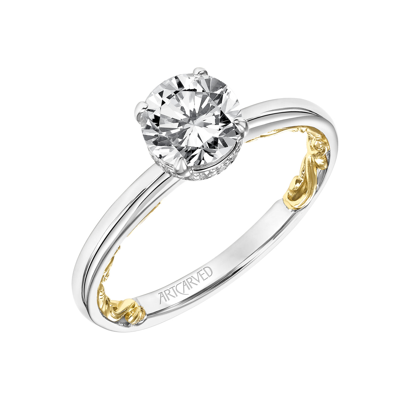 31-V915ERWY-E.01 - ARTCARVED - Lyric Solitaire Diamond Engagement Ring with Hidden Diamond Halo and Inner Carved details and Polished Shank