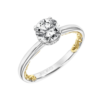 31-V915ERWY-E.01 - ARTCARVED - Lyric Solitaire Diamond Engagement Ring with Hidden Diamond Halo and Inner Carved details and Polished Shank