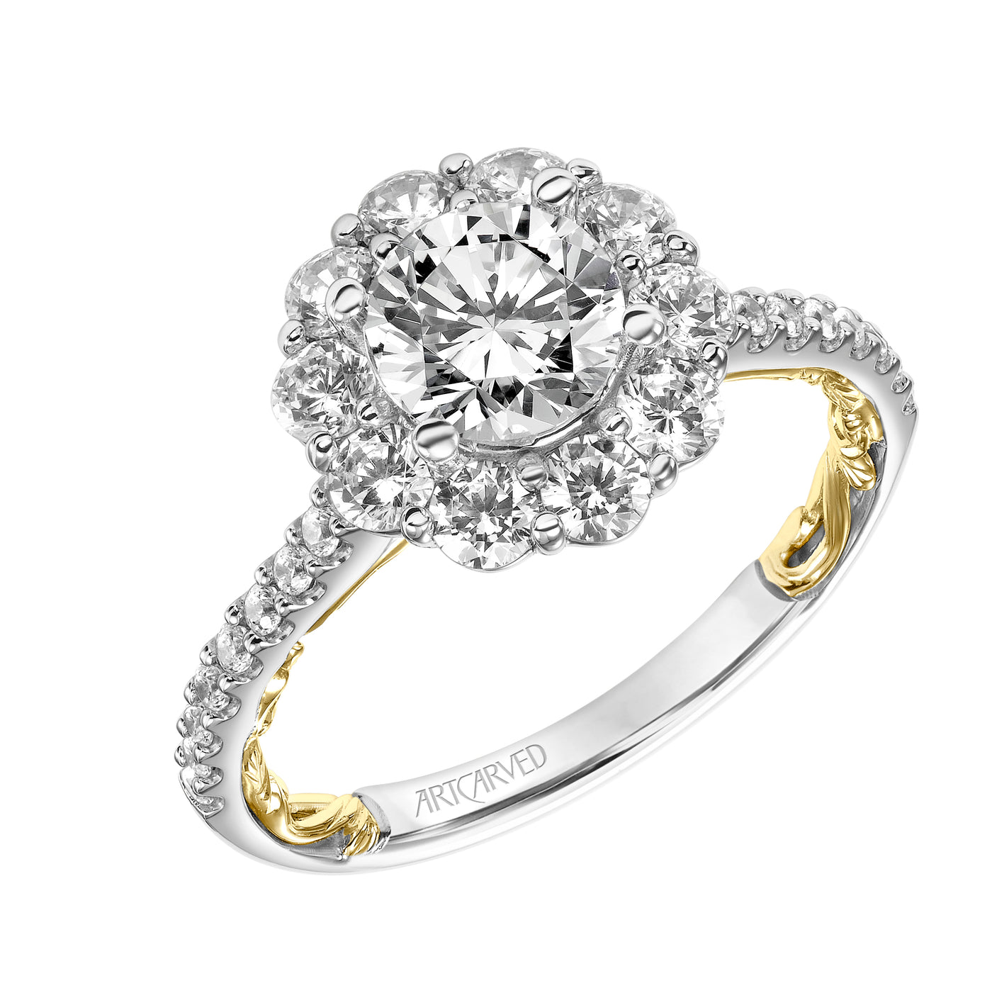 31-V927ERWY-E.01 - ARTCARVED - Lyric Engagement Ring with Round Diamond Halo and Accented Diamond Gallery with Inner Carved details and Diamond Shank