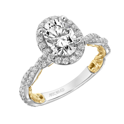31-V959GVWY-E.01 - ARTCARVED - Lyric Engagement Ring with Oval Diamond Halo and Accented Diamond Gallery with Inner Carved details and Diamond Shank