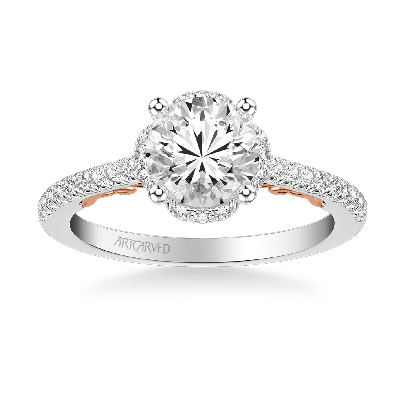 31-V1010GRWR-E.01 - ARTCARVED - Lyric Engagement Ring with Round Diamond Halo and Carved Gallery details with  Diamond Shank