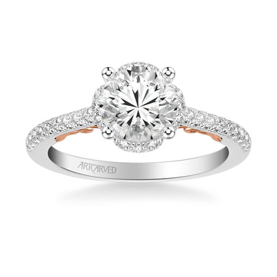 31-V1010GRWR-E.01 - ARTCARVED - Lyric Engagement Ring with Round Diamond Halo and Carved Gallery details with  Diamond Shank
