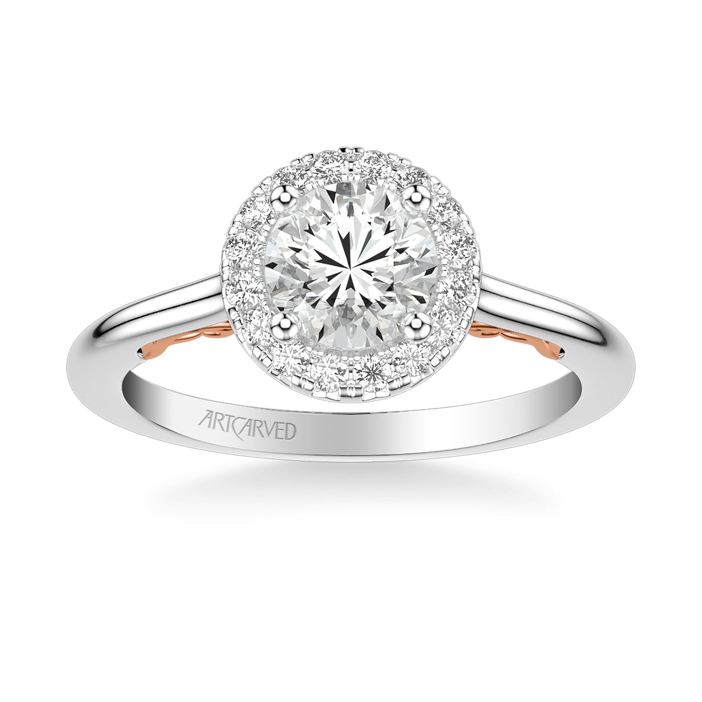 31-V1011ERWR-E.01 - ARTCARVED - Lyric Engagement Ring with Round Diamond Halo and Carved Gallery details with Polished Shank