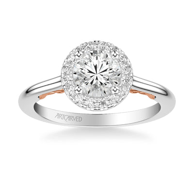31-V1011ERWR-E.01 - ARTCARVED - Lyric Engagement Ring with Round Diamond Halo and Carved Gallery details with Polished Shank