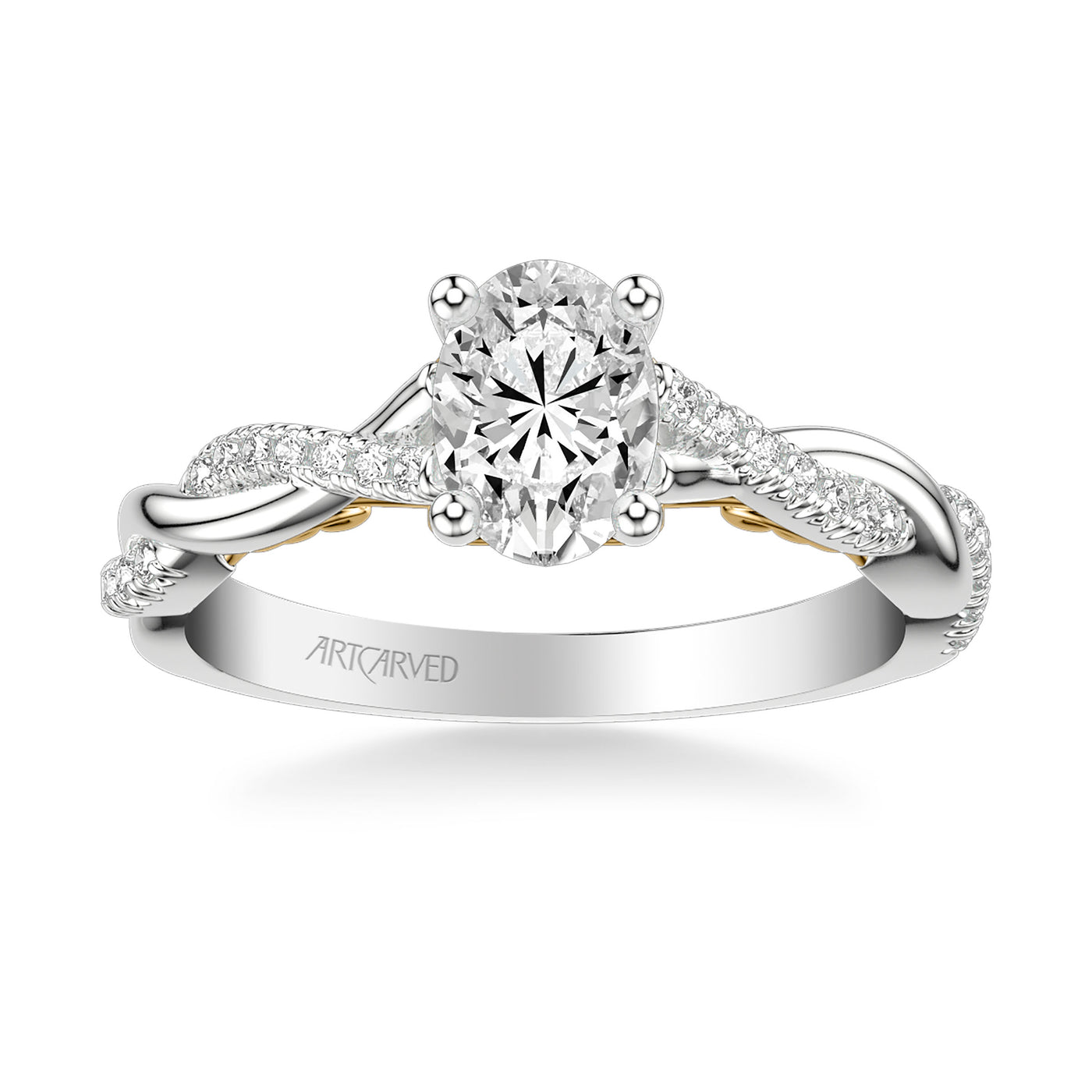 31-V1012EVWY-E.01 - ARTCARVED - Lyric Engagement Ring with Carved Gallery details and Alternating Diamond and Polish Twist Shank
