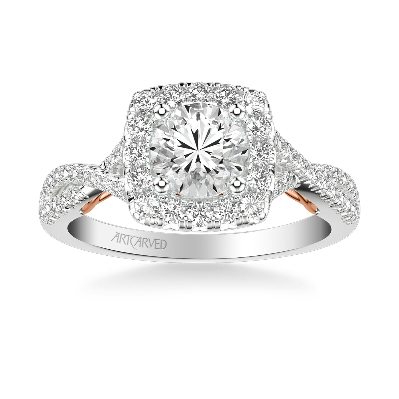 31-V1013ERWR-E.01 - ARTCARVED - Lyric Engagement Ring with Cushion Diamond Halo and Carved Gallery details with Twist Diamond Shank