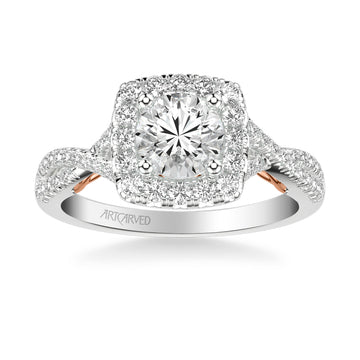 31-V1013ERWR-E.01 - ARTCARVED - Lyric Engagement Ring with Cushion Diamond Halo and Carved Gallery details with Twist Diamond Shank