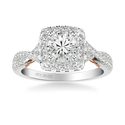 31-V1013ERWR-E.01 - ARTCARVED - Lyric Engagement Ring with Cushion Diamond Halo and Carved Gallery details with Twist Diamond Shank