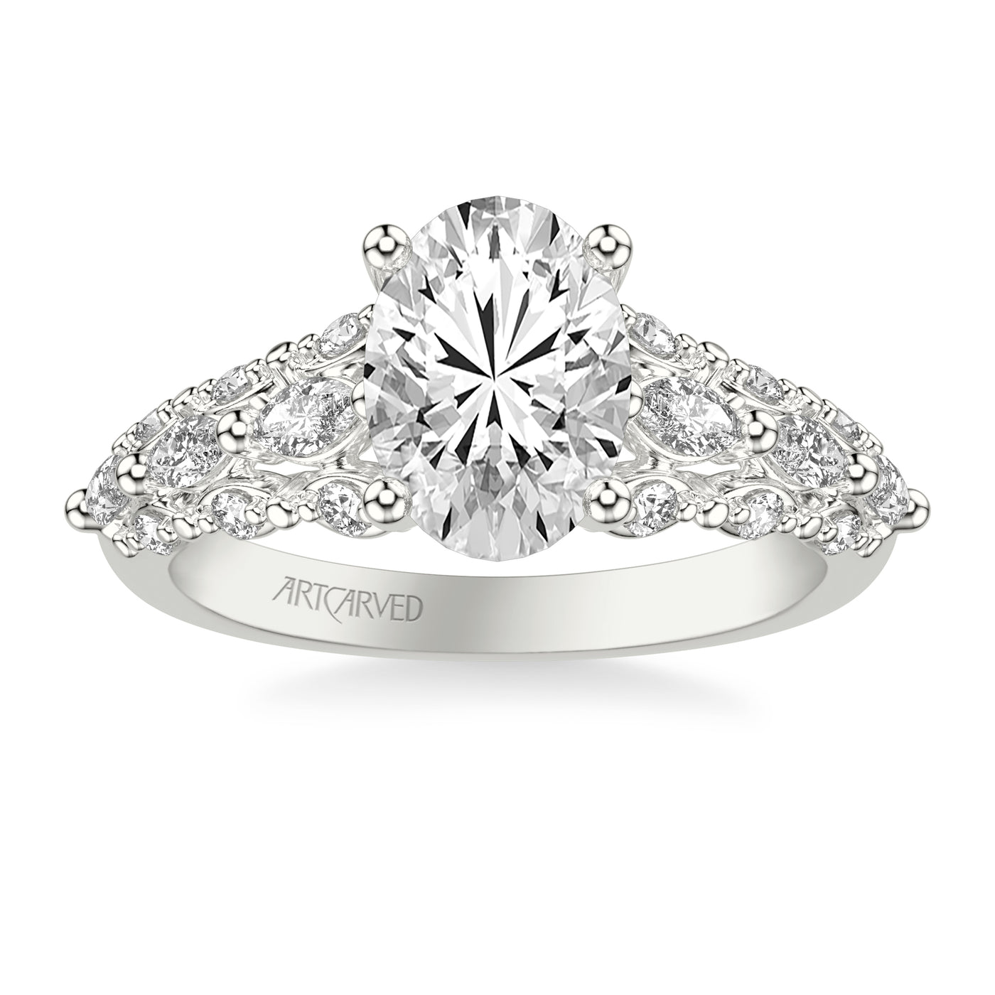 31-V1079GRW-E.01 - ARTCARVED -  Classic Engagement Ring with Cathedral Shank and Graduated Triple Row Prong Set Round and Marquise Diamond Shank