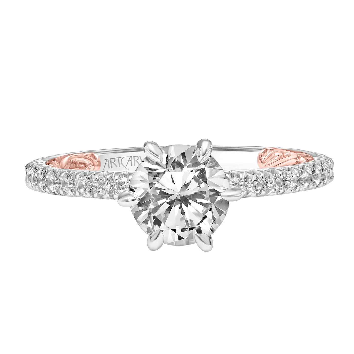 31-V909GRWR-E.01 - ARTCARVED - Lyric Engagement Ring with Six Prong Setting and Inner Carved details and Diamond Shank