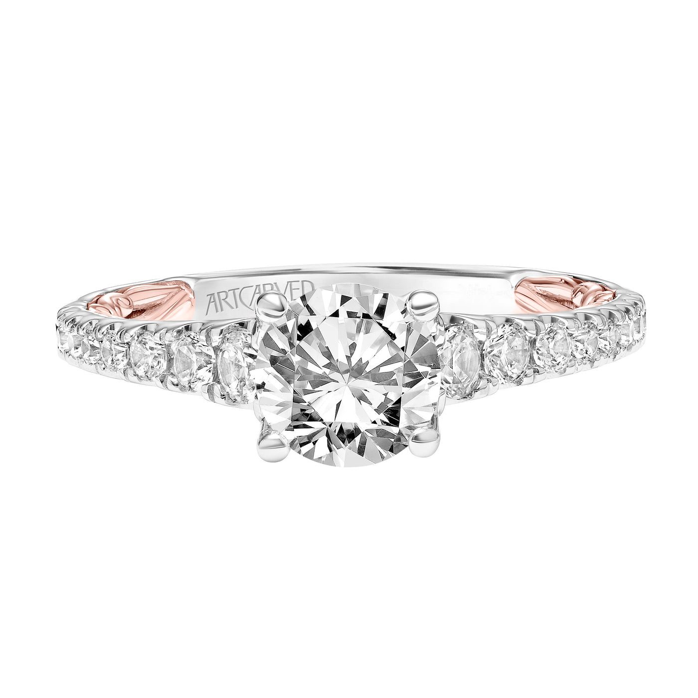 31-V911ERWY-E.01 - ARTCARVED - Lyric Engagement Ring with Diamond Accent basket and Inner Carved details and Graduated Diamond Shank