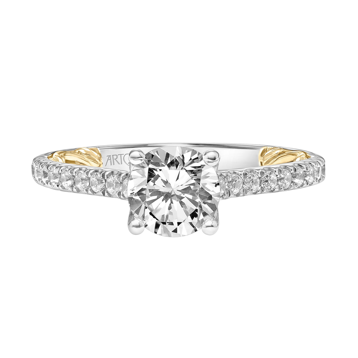 31-V912ERWY-E.01 - ARTCARVED - Lyric Engagement Ring with Diamond Accent basket and Inner Carved details and Graduated Diamond Shank