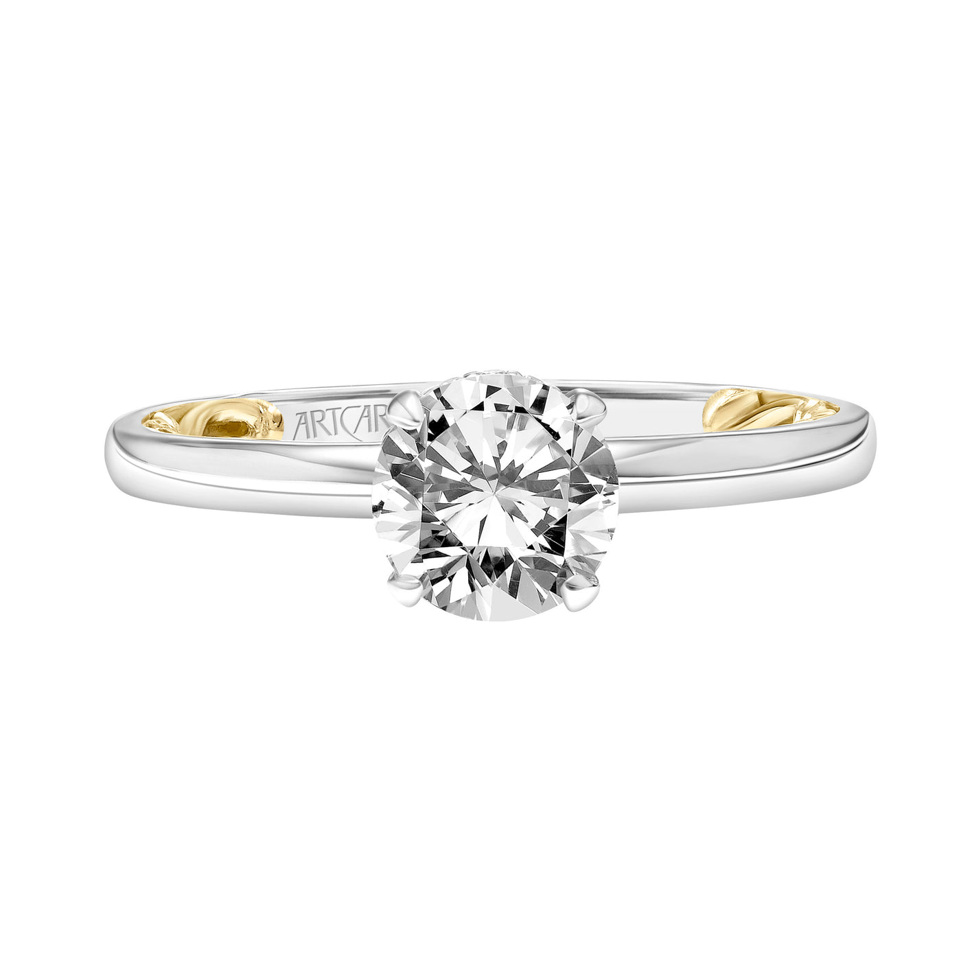 31-V915ERWY-E.01 - ARTCARVED - Lyric Solitaire Diamond Engagement Ring with Hidden Diamond Halo and Inner Carved details and Polished Shank