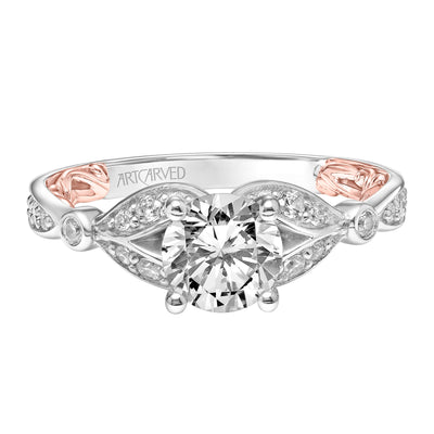 31-V918ERWR-E.01 - ARTCARVED - Lyric Engagement Ring with Inner Carved details and Milgrain Petal Accents and Diamond Shank