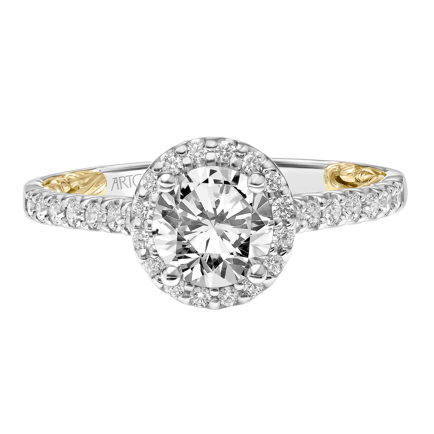 31-V924ERWY-E.01 - ARTCARVED - Lyric Engagement Ring with Round Diamond Halo and Accented Diamond Gallery with Inner Carved details and Diamond Shank
