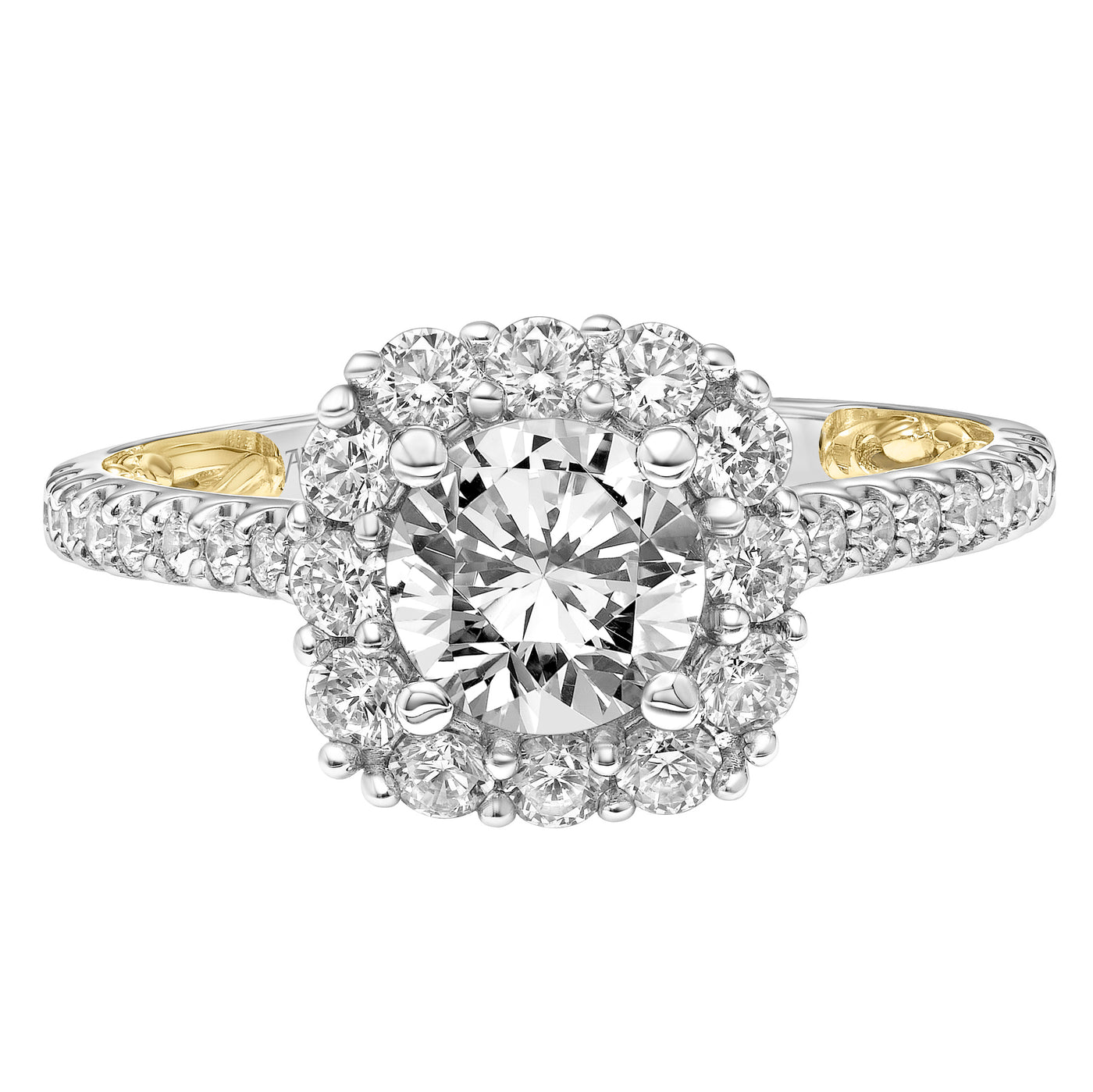 31-V930ERWY-E.01 - ARTCARVED - Lyric Engagement Ring with Cushion Diamond Halo and Accented Diamond Gallery with Diamond Shank