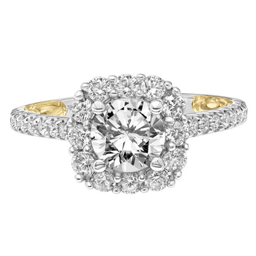 31-V930ERWY-E.01 - ARTCARVED - Lyric Engagement Ring with Cushion Diamond Halo and Accented Diamond Gallery with Diamond Shank