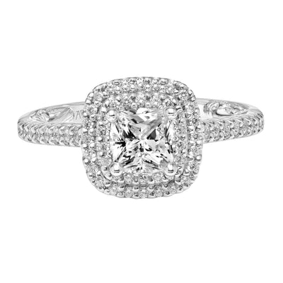 31-V931EUW-E.01 - ARTCARVED - Lyric Engagement Ring with Cushion Double Diamond Halo and Accented Diamond Gallery with Diamond Shank