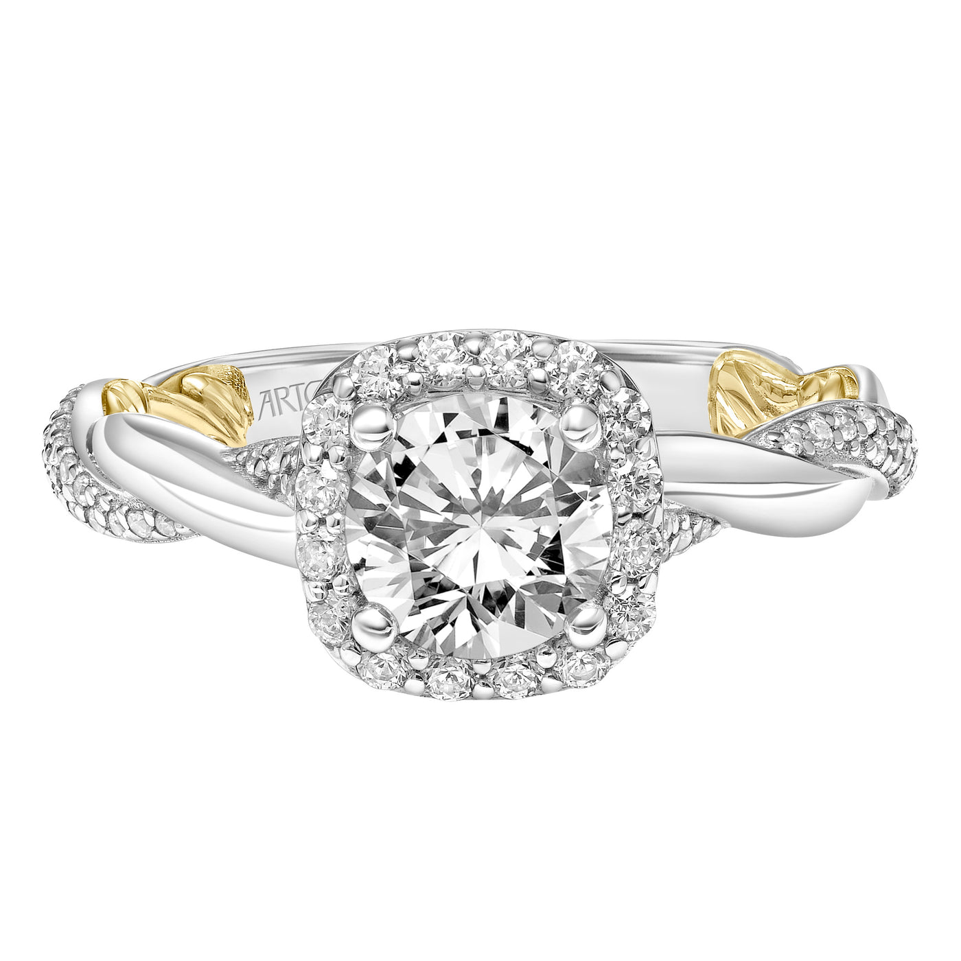 31-V933ERWY-E.01 - ARTCARVED - Lyric Engagement Ring with Cushion Diamond Halo and Accented Diamond Gallery with Twist Diamond and Polished Shank