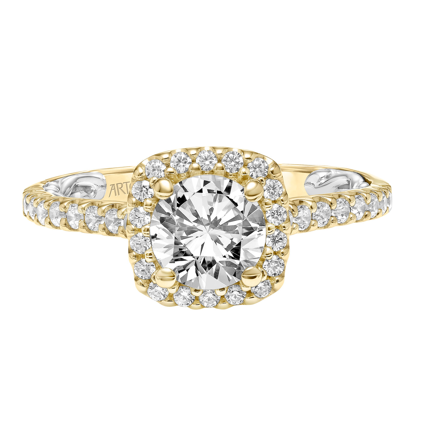 31-V934ERYW-E.01 - ARTCARVED - Lyric Engagement Ring with Cushion Diamond Halo and Accented Diamond Gallery with Diamond Shank