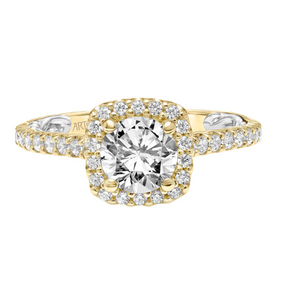 31-V934ERYW-E.01 - ARTCARVED - Lyric Engagement Ring with Cushion Diamond Halo and Accented Diamond Gallery with Diamond Shank
