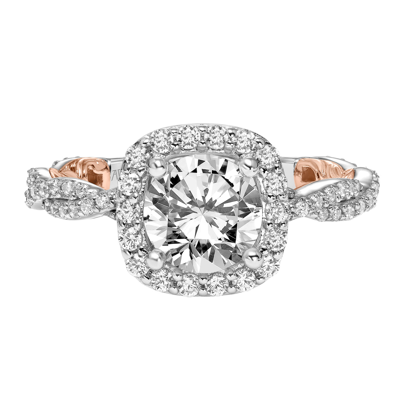 31-V955GRWR-E.01 - ARTCARVED - Lyric Engagement Ring with Cushion Diamond Halo and Accented Diamond Gallery with Inner Carved details and Diamond Shank