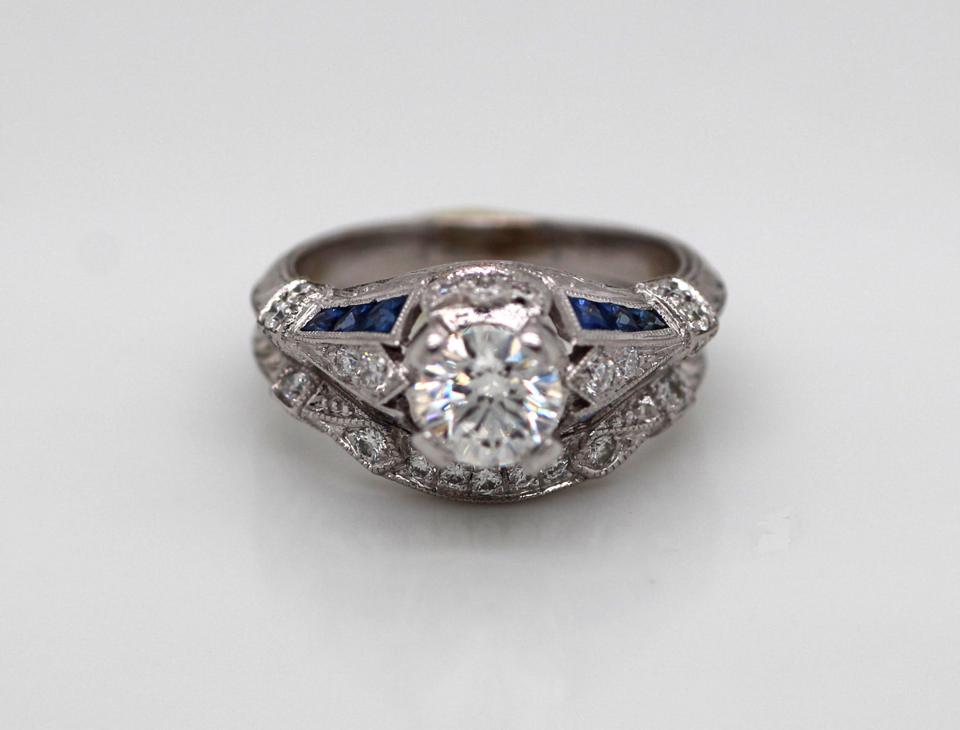 Estate 18KW 1.09 Cttw Diamond And .36 Cttw Sapphire Bridal Set