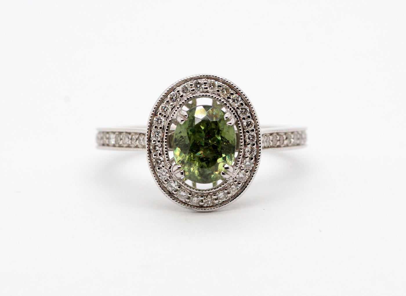 14kw 1.79 ct demantoid garnet and diamond ring, .40 cttw h-si2