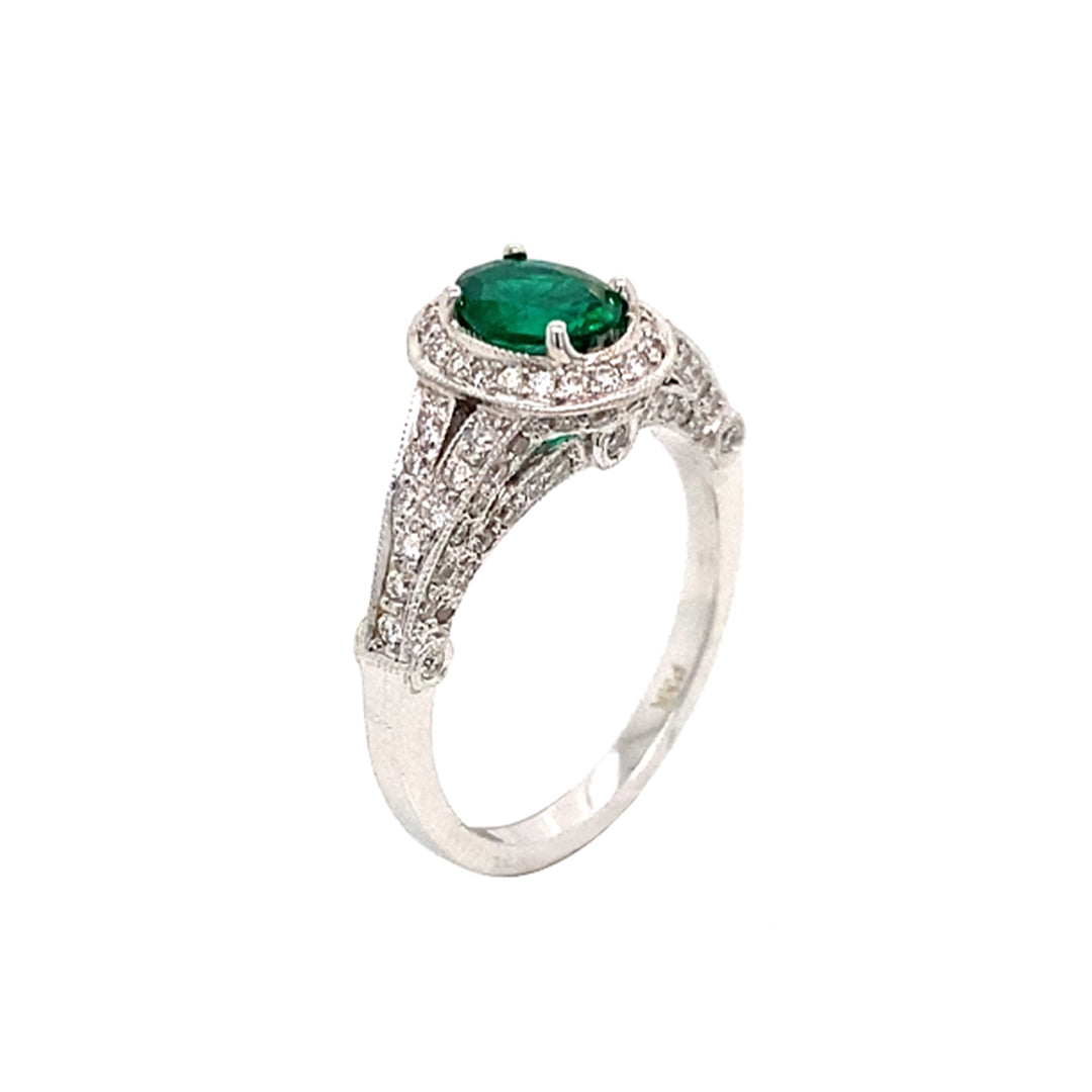 18KW .80 Ct Emerald and .56 Cttw Diamond Ring