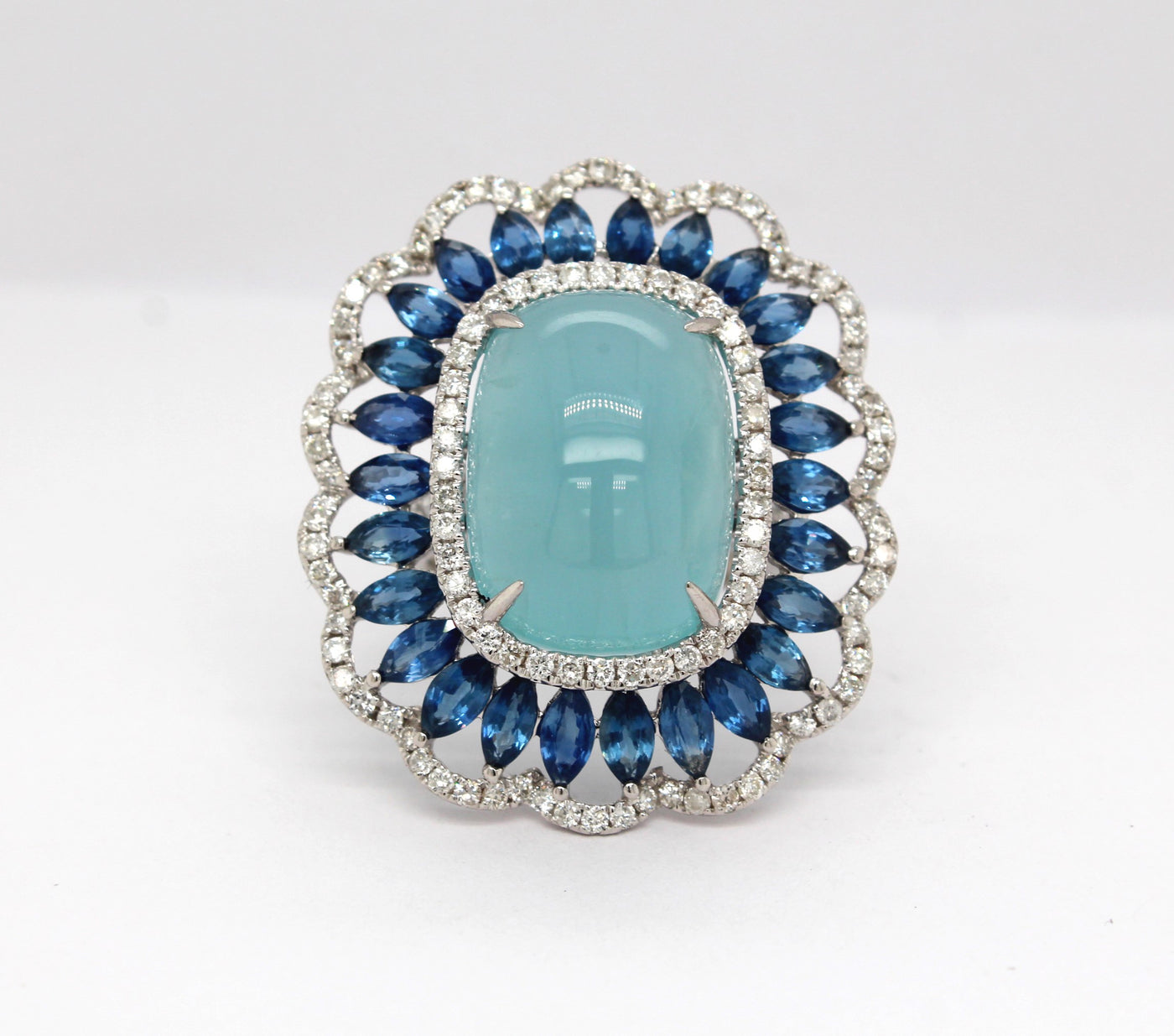 Estate 18KW Cabachon Chalsedony, 3.50 Cttw Sapphire and 1.20 Cttw Diam