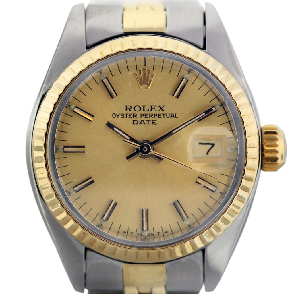 LDS ROLEX 14KY/STAINLESS OYSTER PERPETUAL DATE GOLD DIAL
1983
M# 691