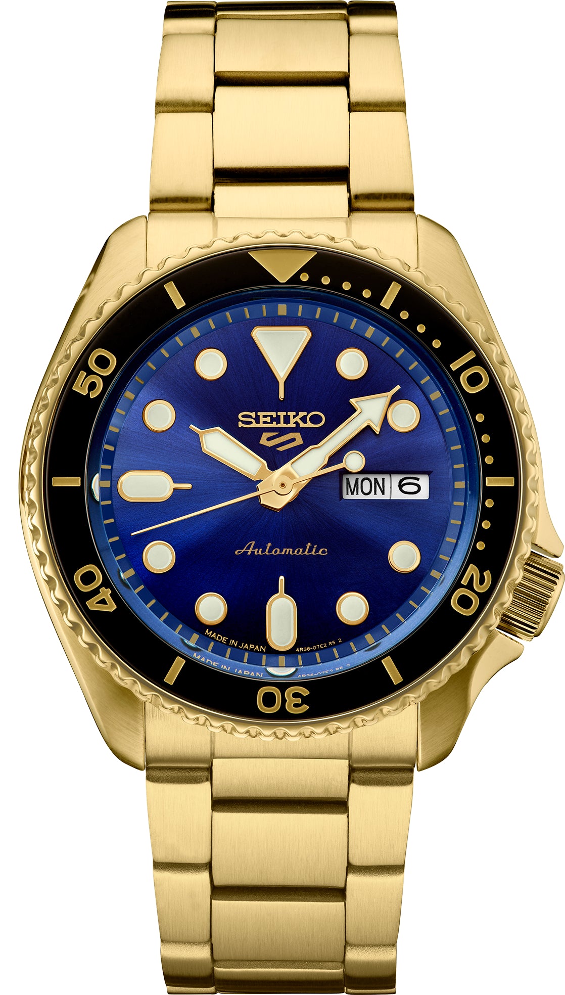 Gents Seiko Yellow Tone Blue Dial Black Bezel Watch Day Date