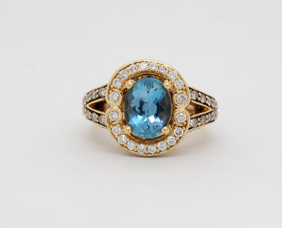 Estate 18KY 2.10 Ct Aquamarine And 1.33 Cttw Champagne Diamond Ring