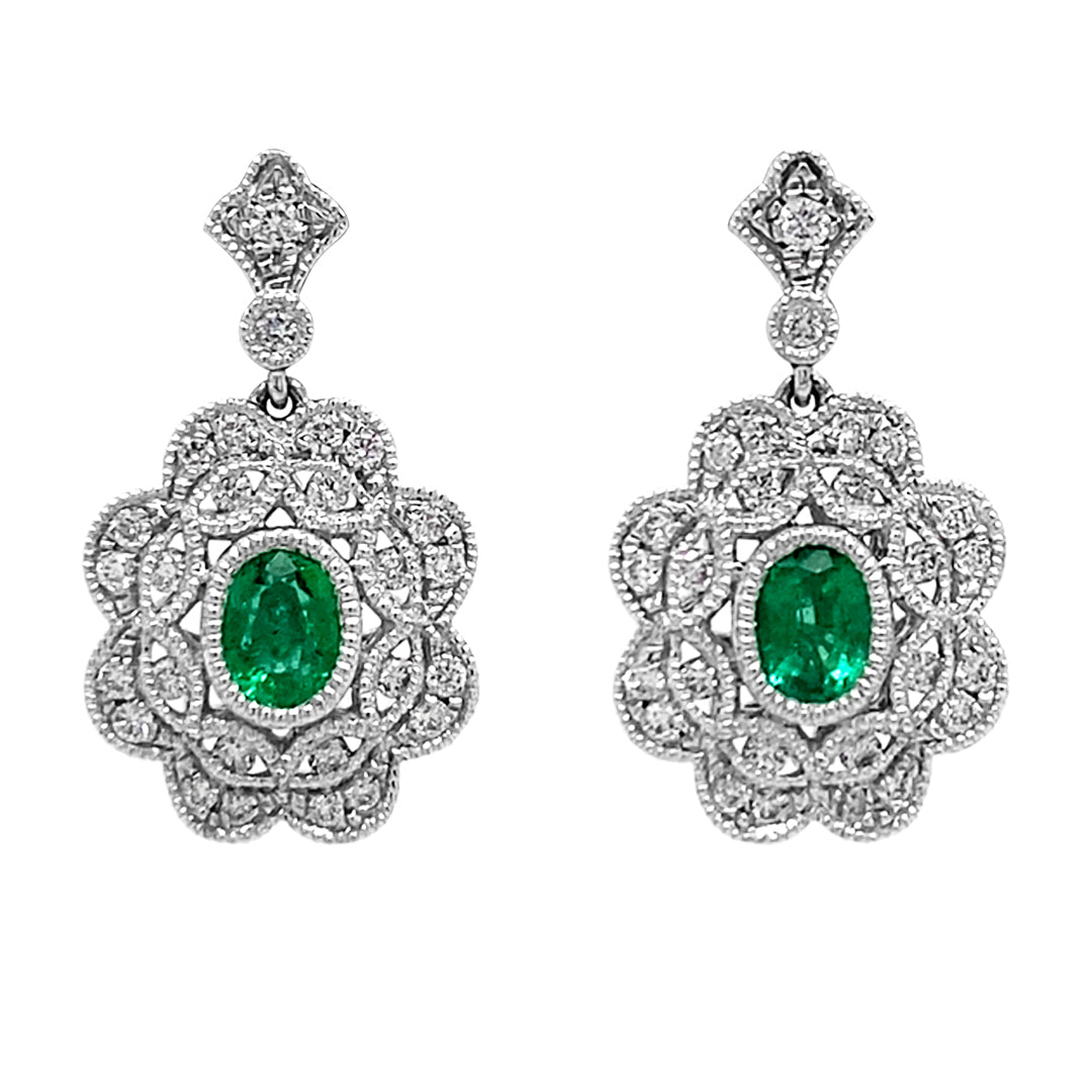 18KW .27 Cttw Emerald and .23 Cttw Diamond Earrings