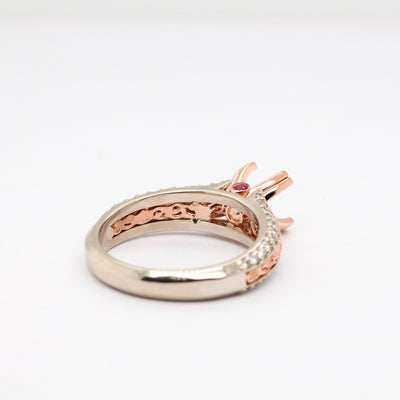 14KTT .47 CTTW DIAMOND SEMI MOUNT SCROL RING WITH ACCENT RUBYS, .04 CT