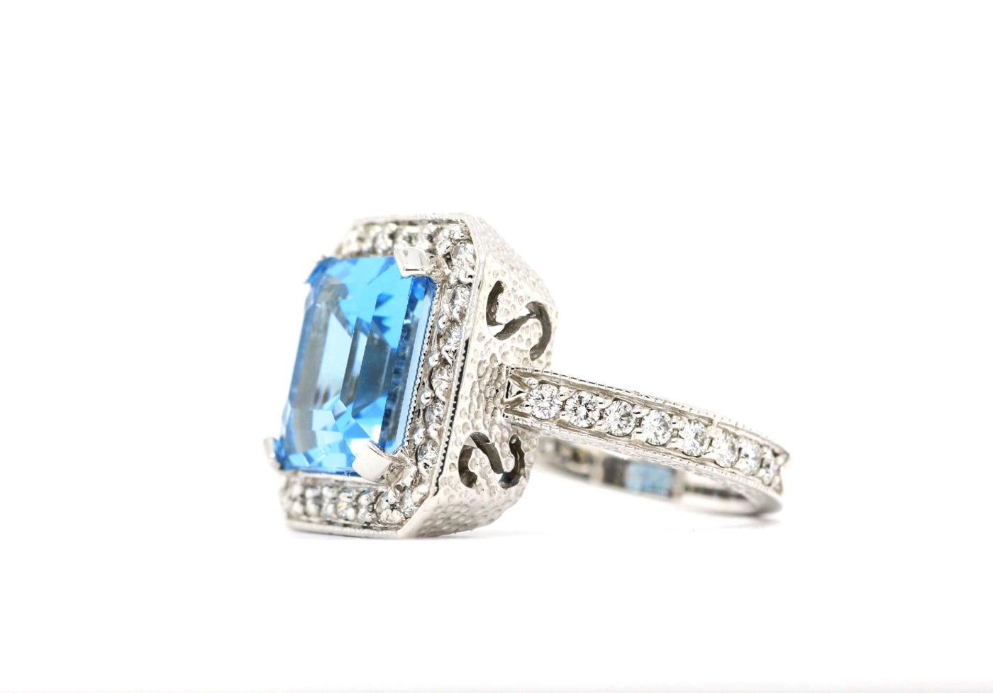 14K Emerald Cut Blue Topaz & Diamond Ring