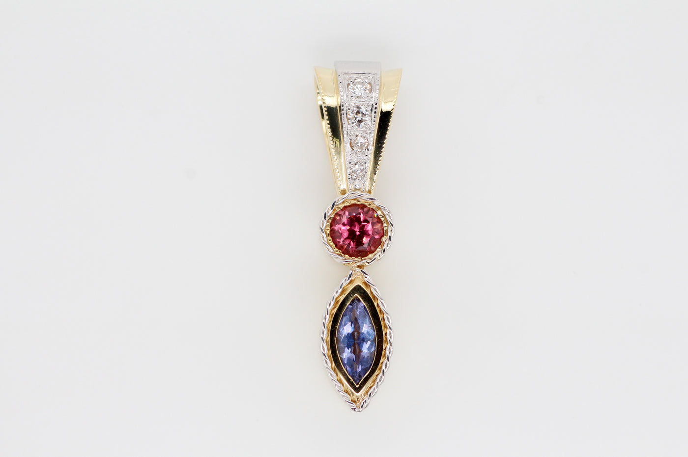 Estate 18KY .50 Ct Tanzanite, .60 Ct Pink Tourmaline, And Diamond Pendant, .22 Cttw G-SI1