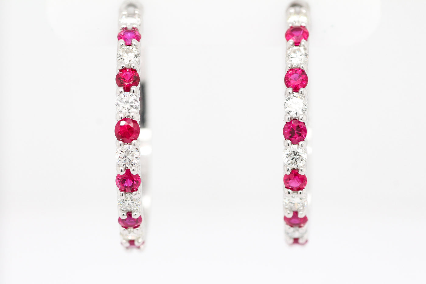 14KW 1.03 CTTW RUBY AND DIAMOND HOOP EARRINGS, .72 CTTW H-SI1