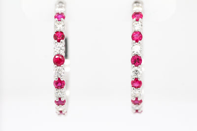 14KW 1.03 CTTW RUBY AND DIAMOND HOOP EARRINGS, .72 CTTW H-SI1