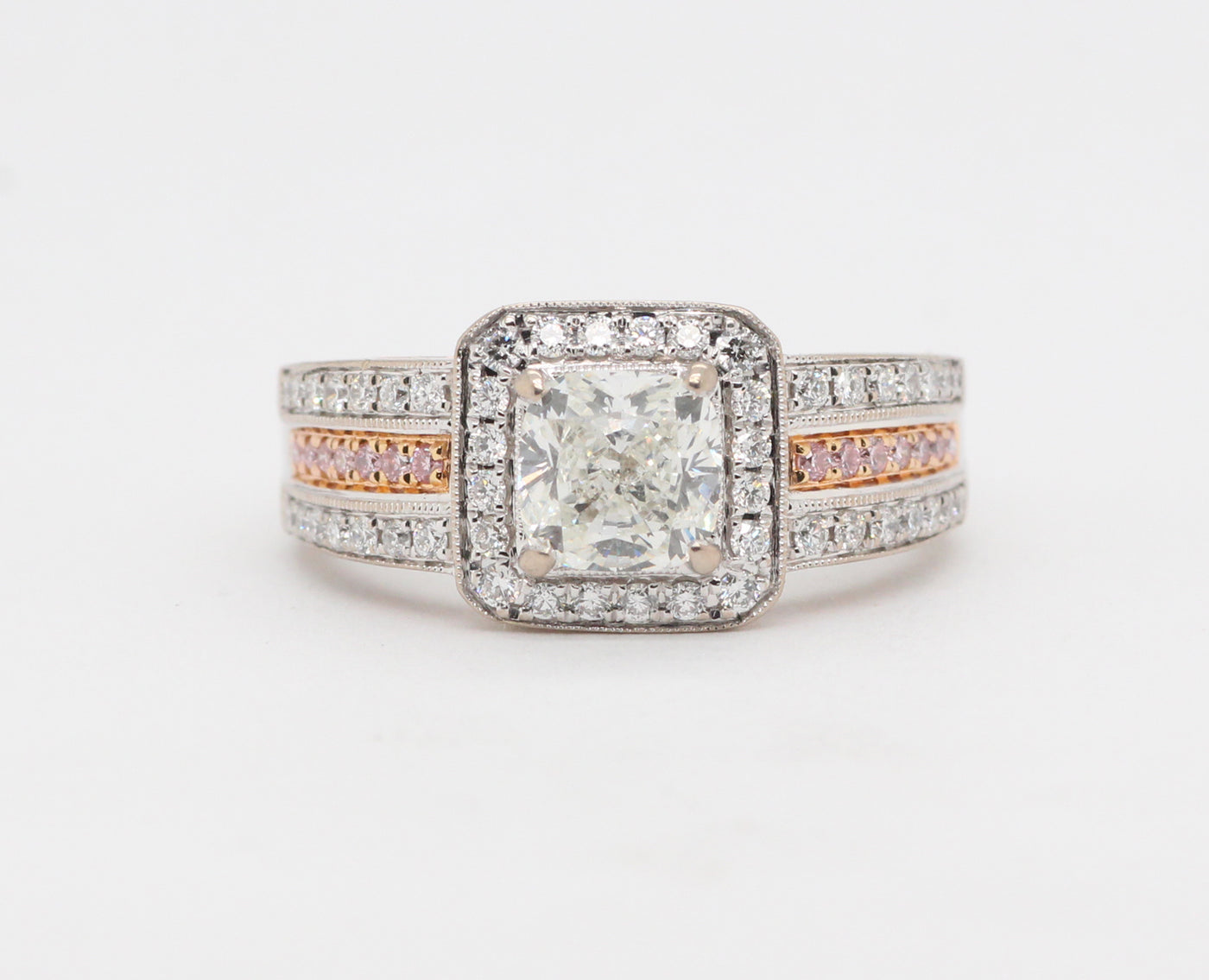 18KTT "Simon G" 1.39 Cttw Diamond  Engagement ring, 1.00 Ct Cushion cu