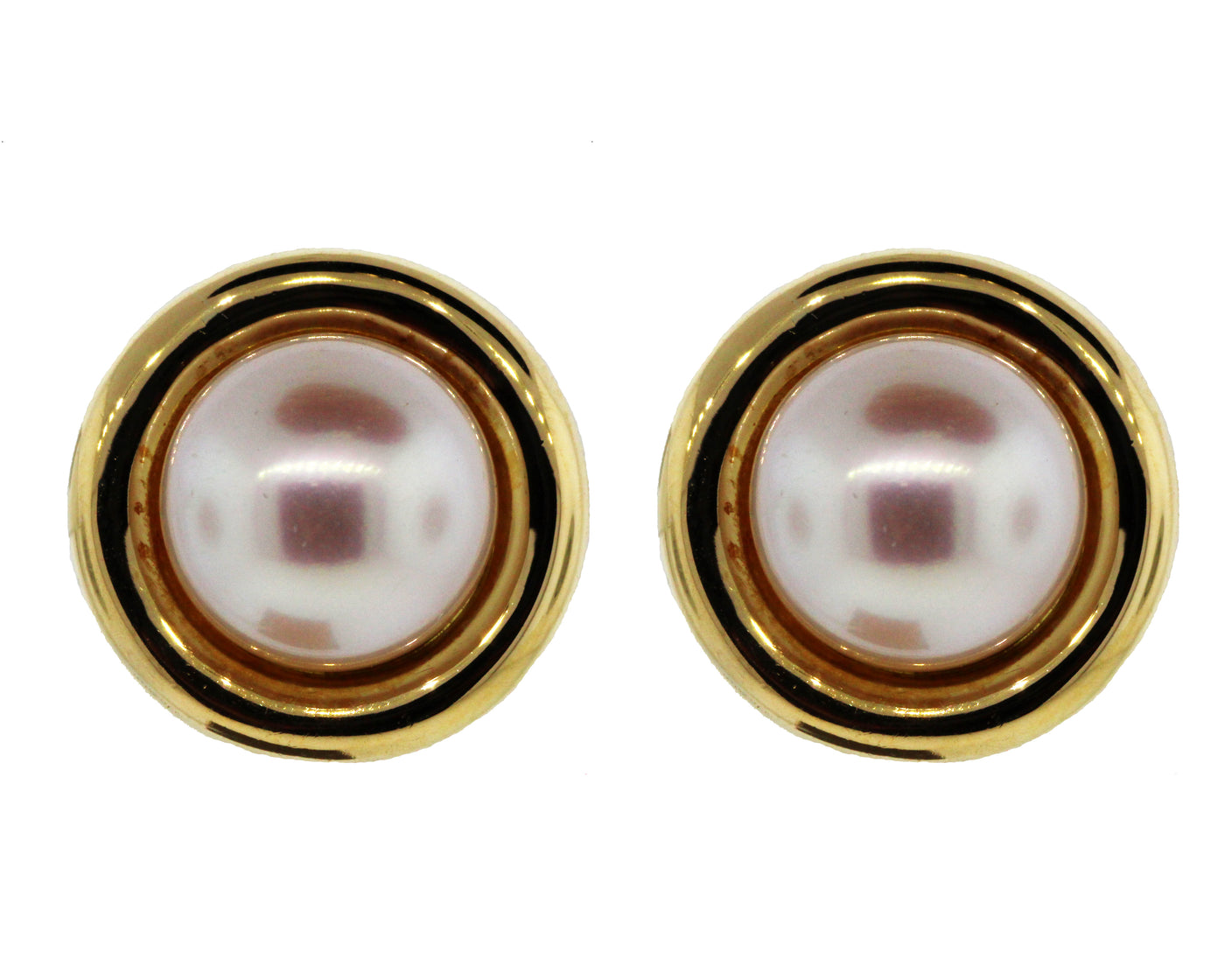 ESTATE 18KY BEZEL SET PEARL EARRINGS WITH 14K BACKS