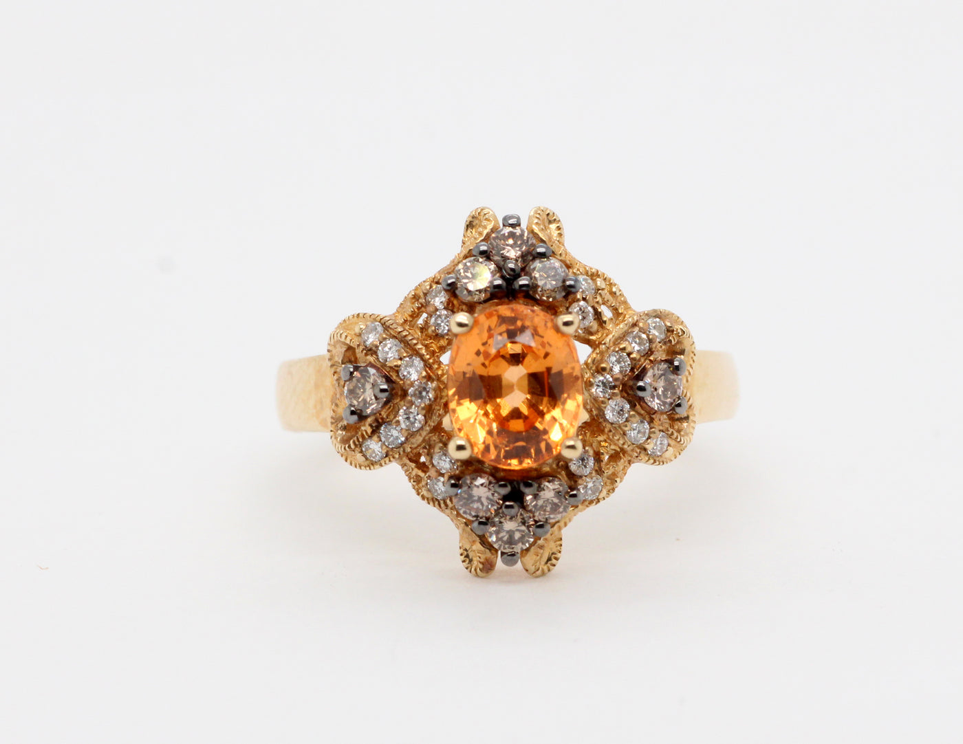 Estate 14ky 1.49 ct mandarin garnet and chocolate .26 cttw and white diamond ring, .17 cttw h-si2