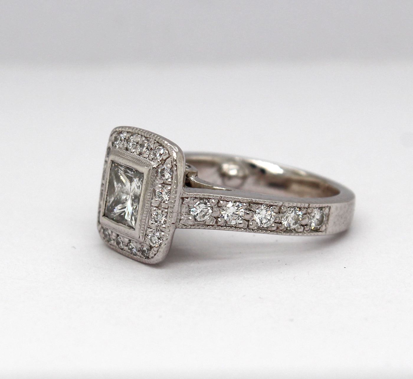 Estate Platinum Engagement Ring with 1.10 Ct Princess Cut Diamond and