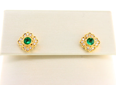 18KY .36 Cttw Emerald and Diamond Earrings with .14 Cttw in Diamonds