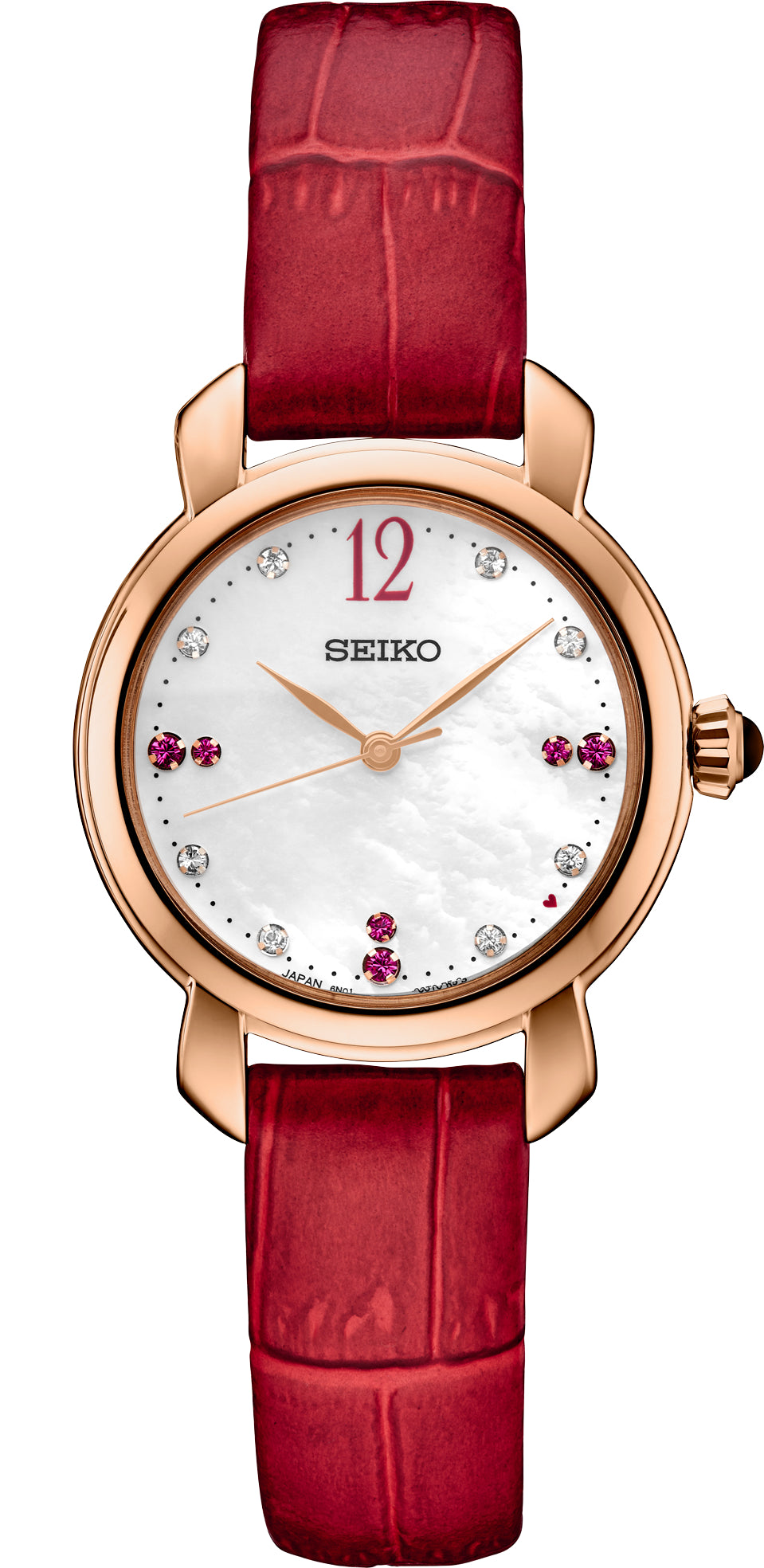 LDS SEIKO ROSE TONE MOP DIAL RED LEATHER STRAP WATCH